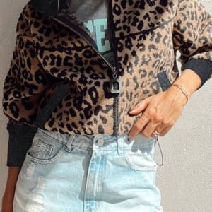 Khaki Leopard Print Zip Up Stand Neck Side Pocket Jacket