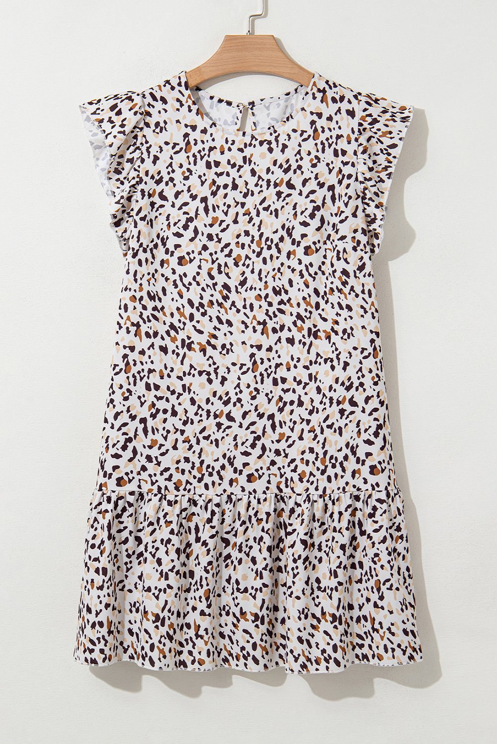 Khaki Leopard Ruffled Flutter Sleeve Keyhole Back Mini Dress