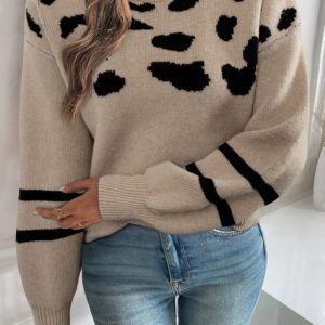 Khaki Leopard Striped Detail Drop Shoulder Sweater