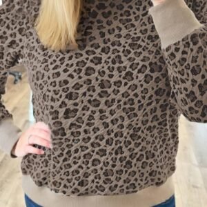 Khaki Leopard Textured Ribbed Trim Plus Size Long Sleeve Top