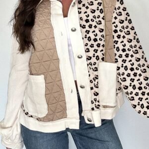 Khaki Leopard Waffle Quilted Patchwork Button Front Jacket