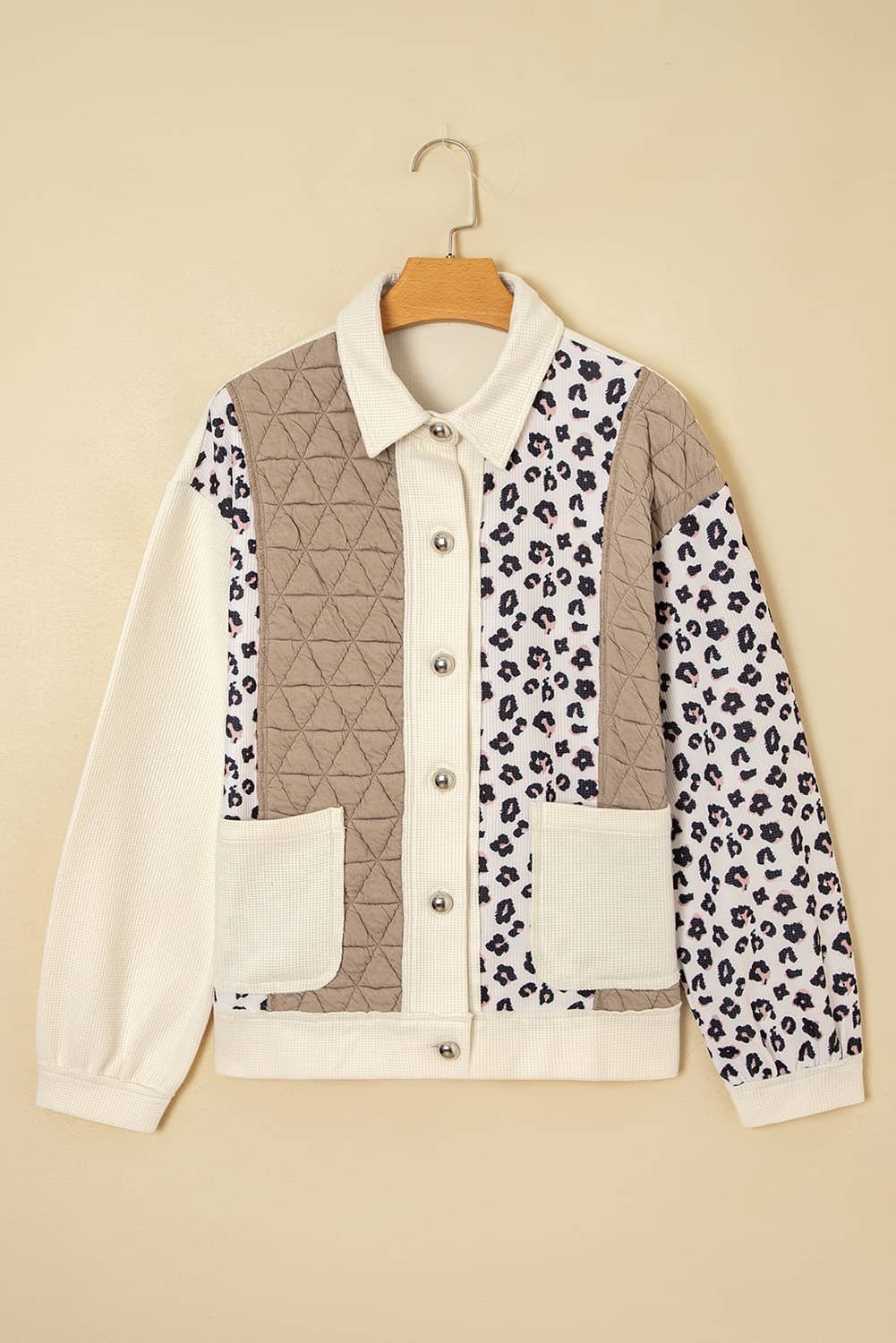 Khaki Leopard Waffle Quilted Patchwork Button Front Jacket
