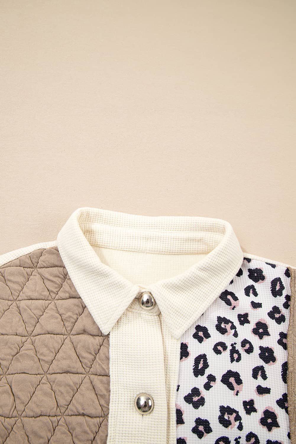 Khaki Leopard Waffle Quilted Patchwork Button Front Jacket