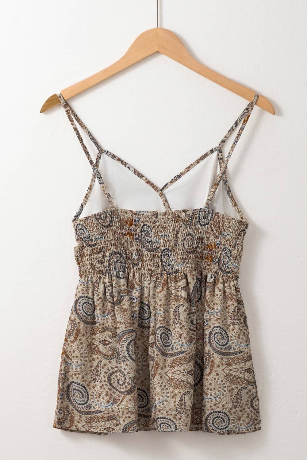 Khaki Paisley Printed Spaghetti Strap V Neck Smocked Babydoll Tank Top