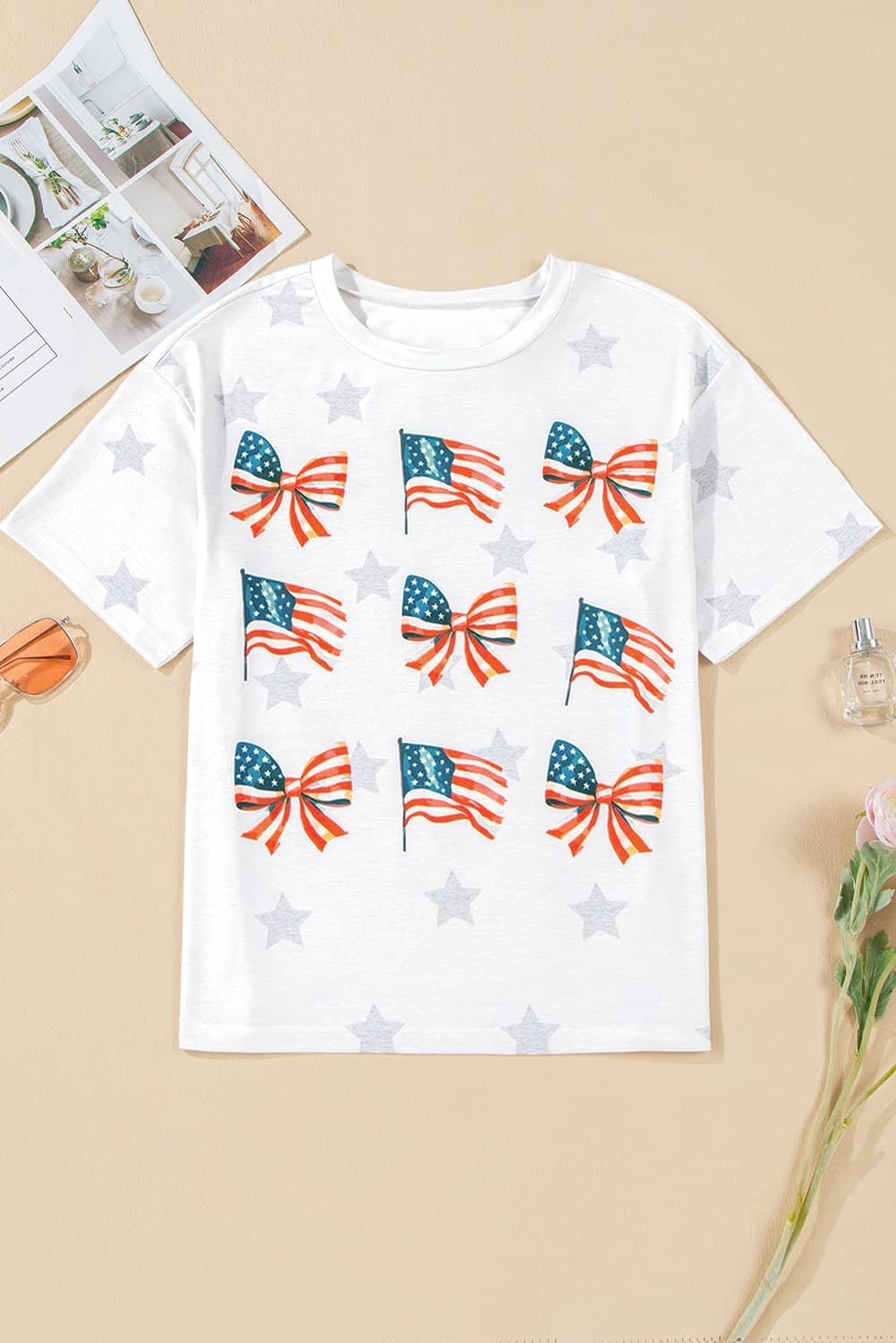 Khaki Patriotic Flag Bow Graphic Starry Round Neck T Shirt