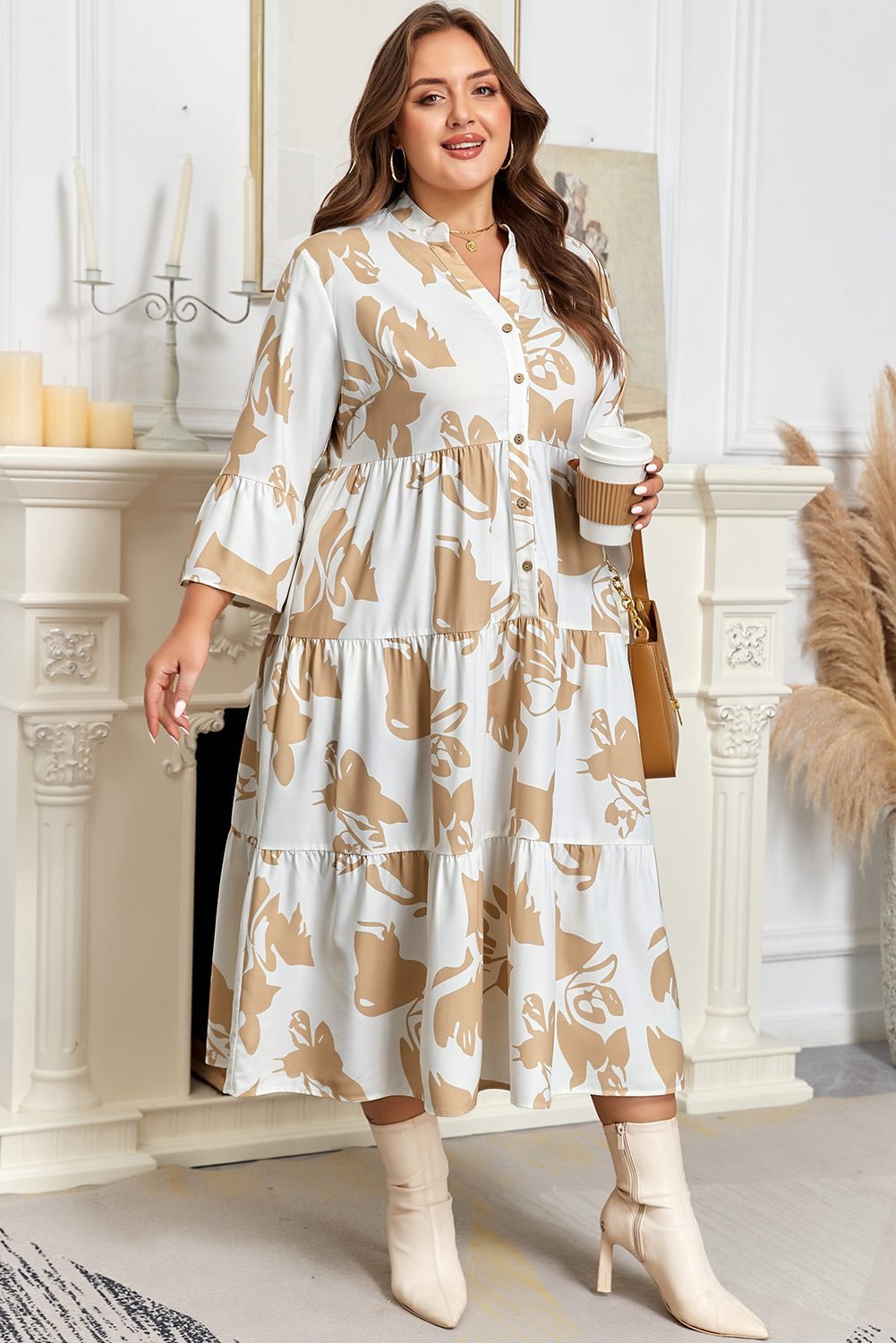 Khaki Patterned Ruffled Sleeve Half Placket Tiered A-Line Plus Size Long Dress