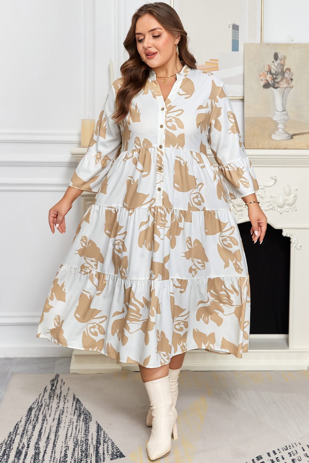 Khaki Patterned Ruffled Sleeve Half Placket Tiered A-Line Plus Size Long Dress