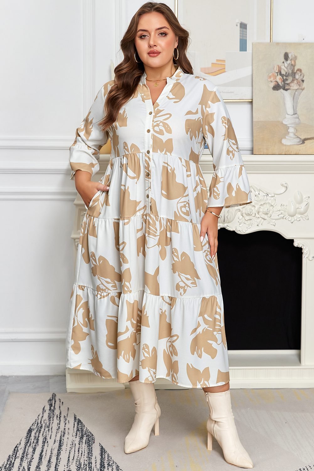 Khaki Patterned Ruffled Sleeve Half Placket Tiered A-Line Plus Size Long Dress