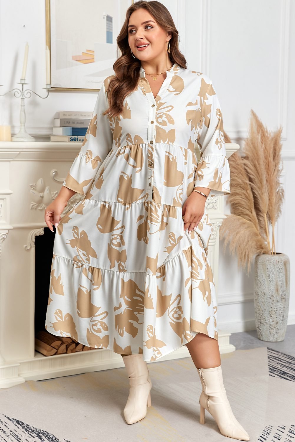 Khaki Patterned Ruffled Sleeve Half Placket Tiered A-Line Plus Size Long Dress
