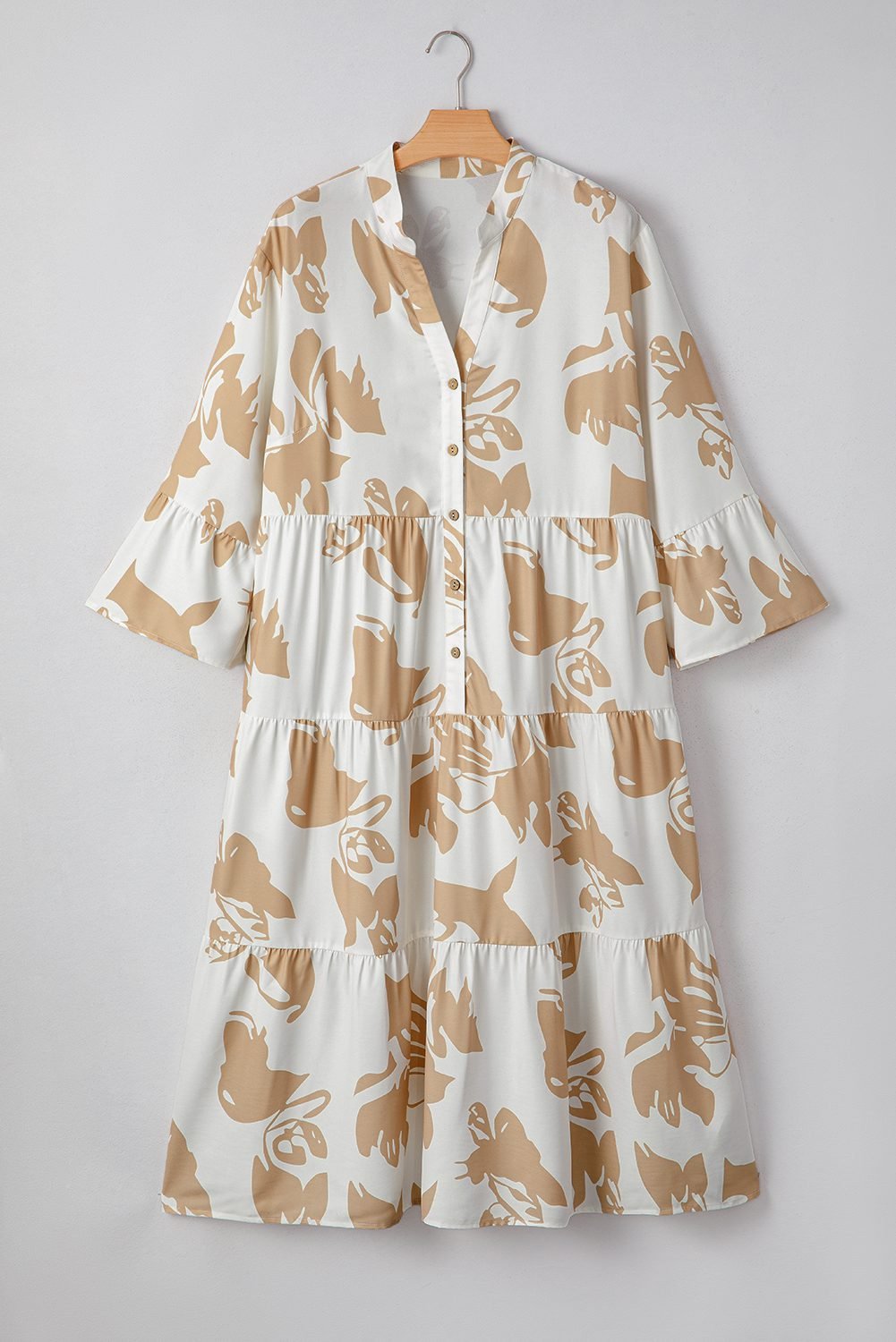 Khaki Patterned Ruffled Sleeve Half Placket Tiered A-Line Plus Size Long Dress
