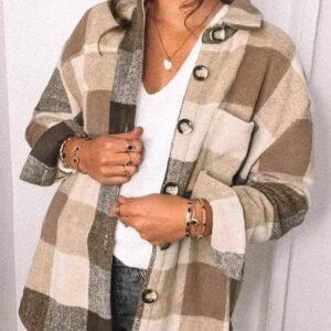 Khaki Plaid Color Block Buttoned Long Sleeve Jacket With Pocket