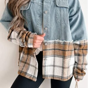 Khaki Plaid Patchwork Buttoned Oversized Denim Jacket