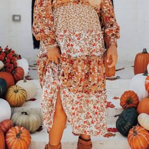Khaki Plus Size Floral Tiered Ruffle Maxi Dress