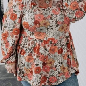 Khaki Plus Size Flower Print Square Neck Peplum Blouse