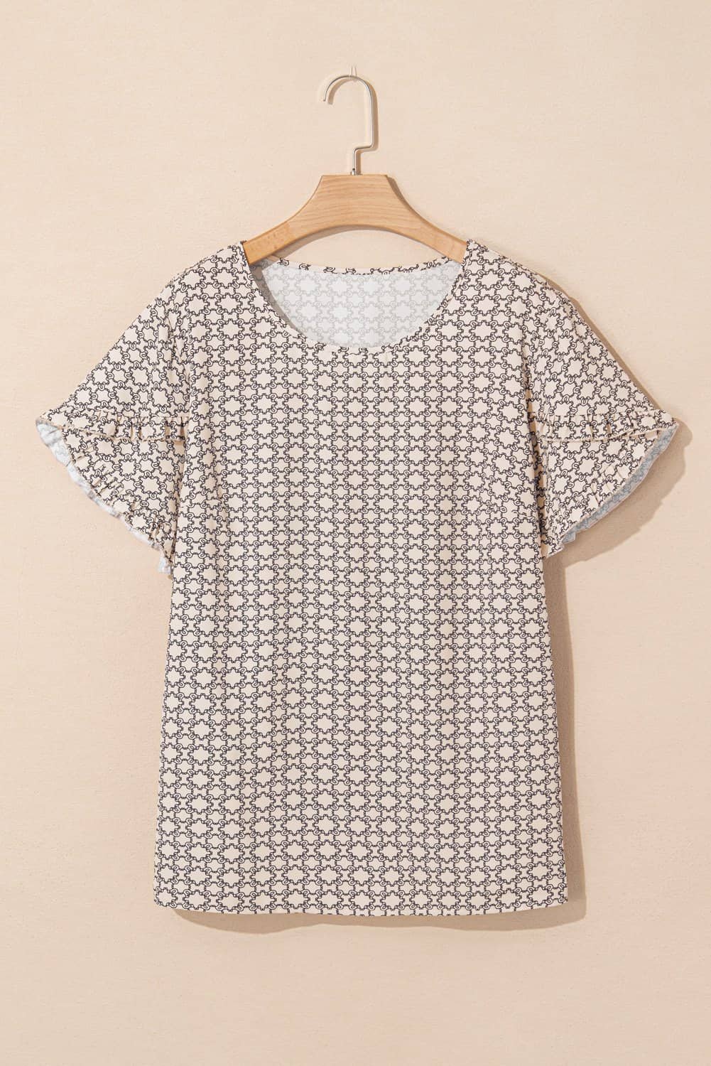 Khaki Plus Size Geometric Print Ruffled Sleeve Blouse