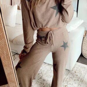 Khaki Retro Star Print Loose Long Sleeve Drawstring Wide Leg 2Pcs Lounge Set