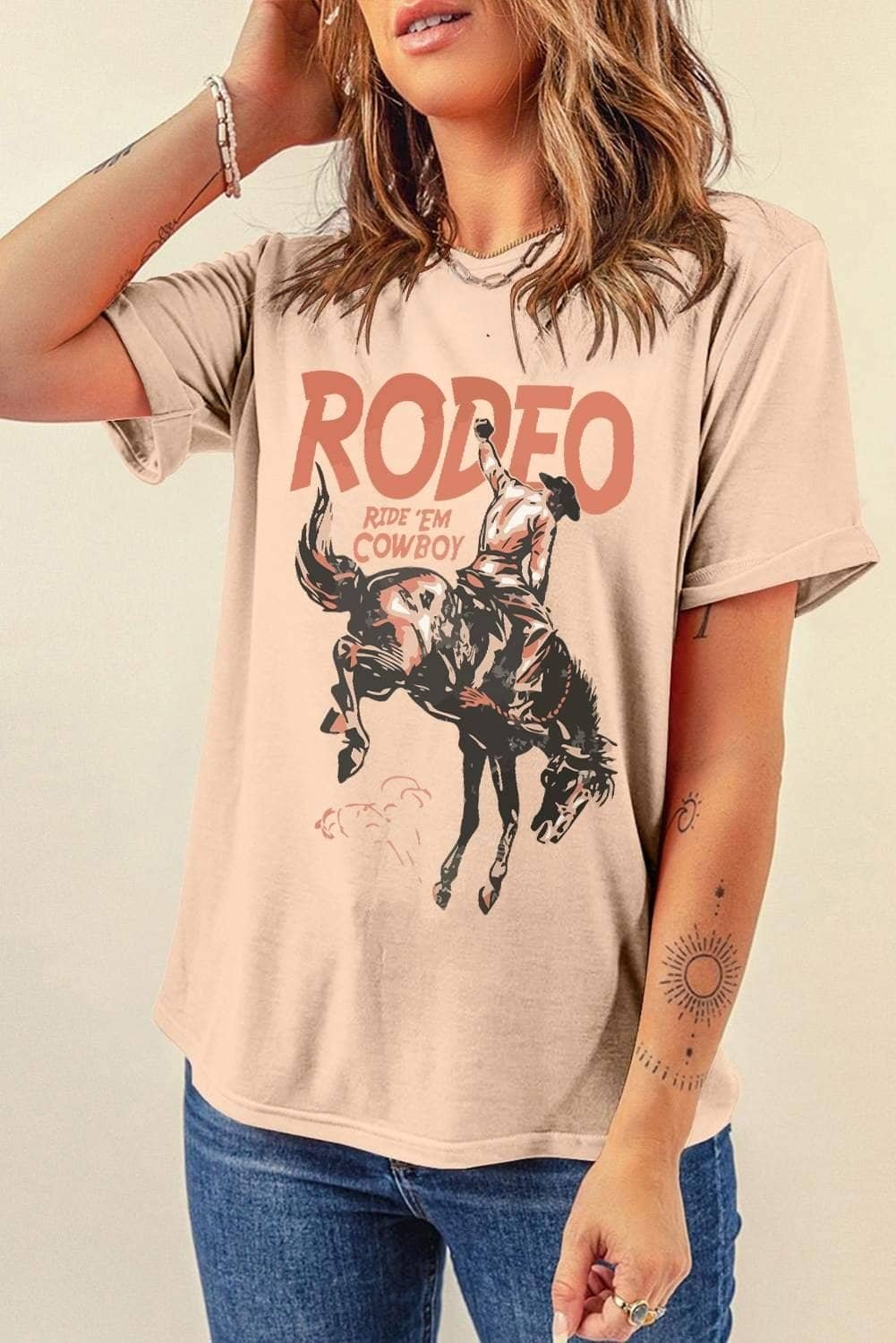 Khaki Rodeo Cowboy Graphic Crewneck T Shirt