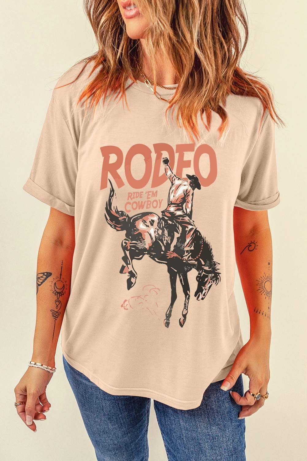 Khaki Rodeo Cowboy Graphic Crewneck T Shirt