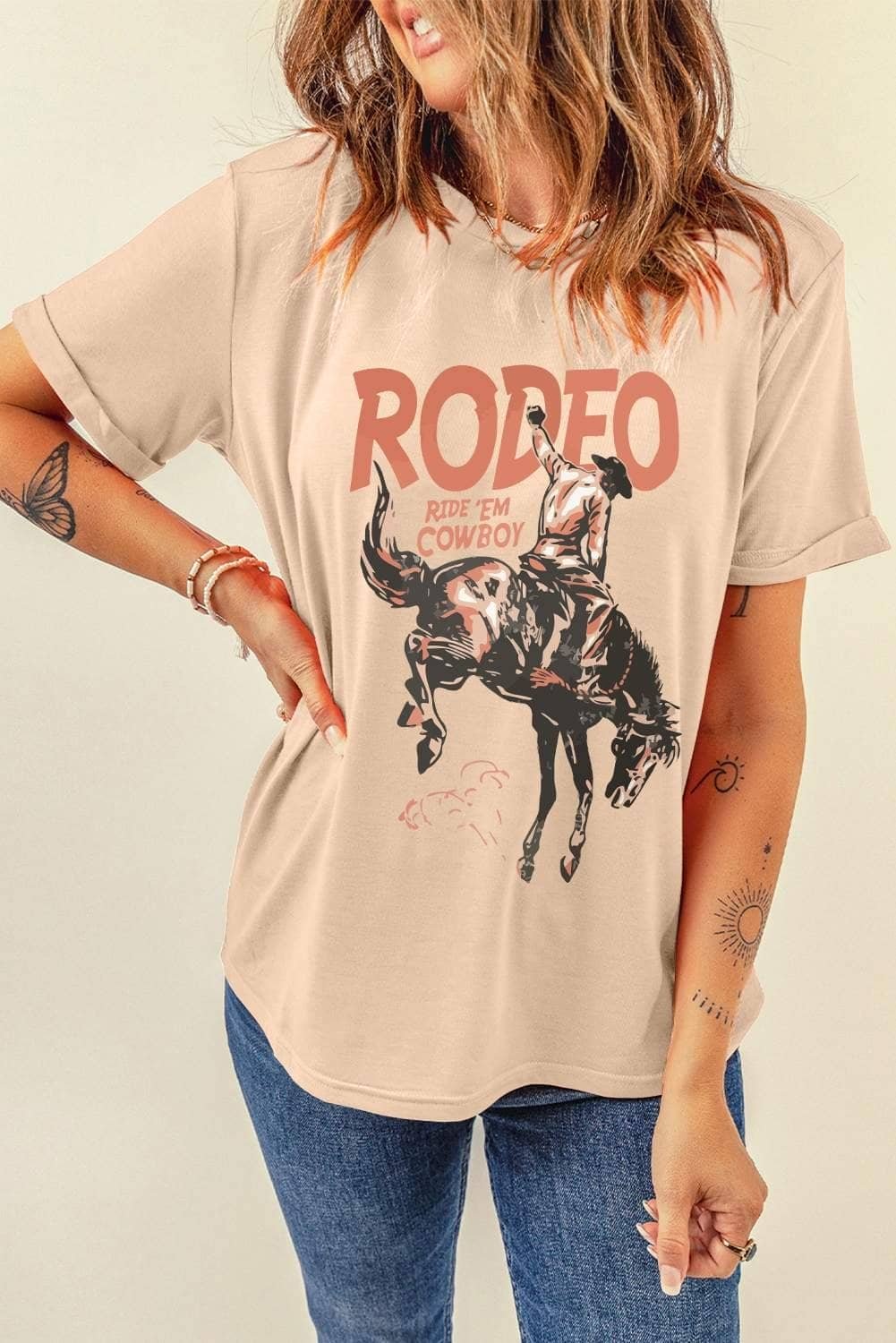 Khaki Rodeo Cowboy Graphic Crewneck T Shirt