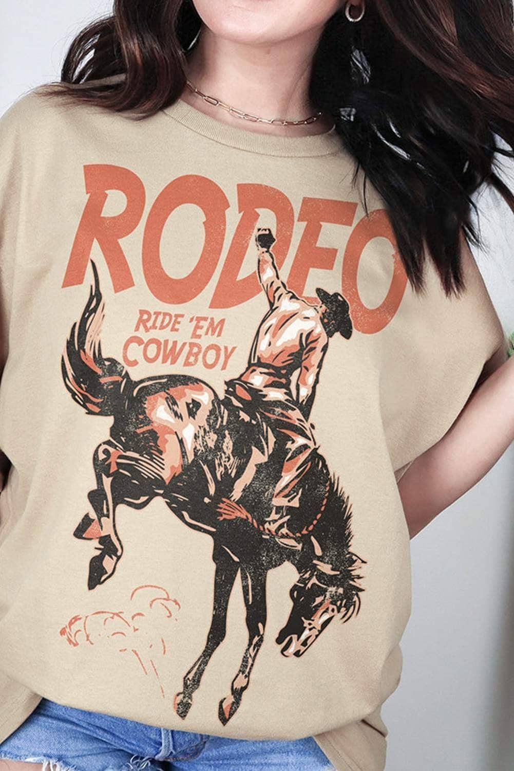 Khaki Rodeo Cowboy Graphic Crewneck T Shirt