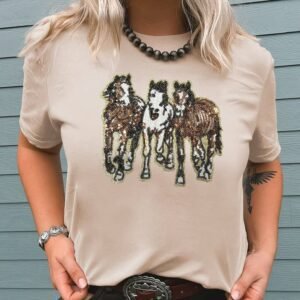 Khaki Sequin Horses Patched Casual Crewneck T Shirt