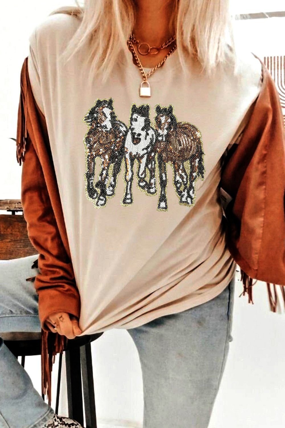 Khaki Sequin Horses Patched Casual Crewneck T Shirt