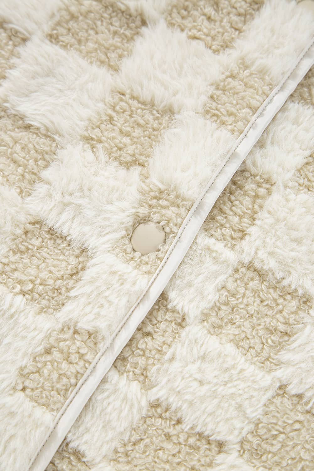 Khaki Sherpa Checkerboard Snap Button Vest Jacket With Pocket