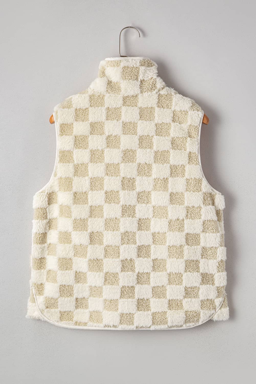 Khaki Sherpa Checkerboard Snap Button Vest Jacket With Pocket