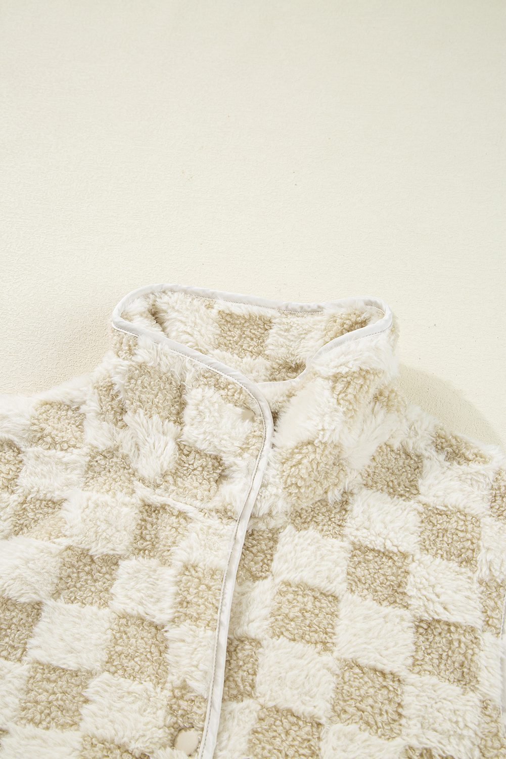Khaki Sherpa Checkerboard Snap Button Vest Jacket With Pocket