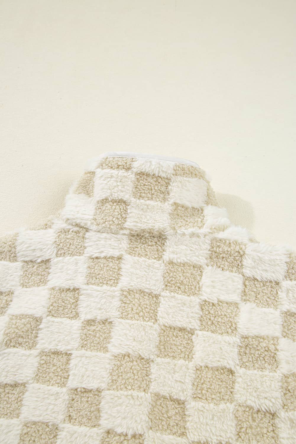 Khaki Sherpa Checkerboard Snap Button Vest Jacket With Pocket