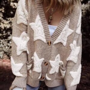 Khaki Sherpa Star Pattern Textured Sweater Cardigan With Pockets