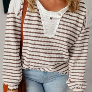 Khaki Stripe Buttoned V Neck Textured Hooded Plus Size Top