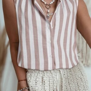 Khaki Stripe Casual Button Down Sleeveless Shirt