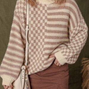 Khaki Stripe Checkerboard Drop Shoulder Balloon Sleeve Sweater