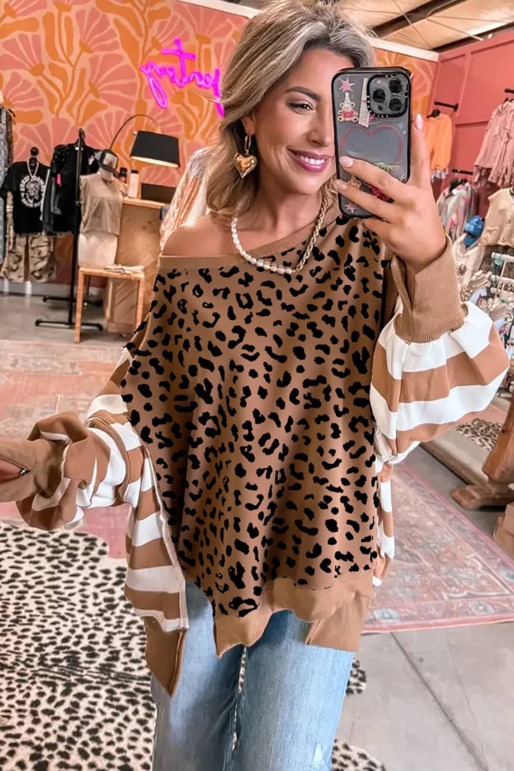 Khaki Stripe Color Block Patchwork Leopard Casual Sweatshirt With Slits