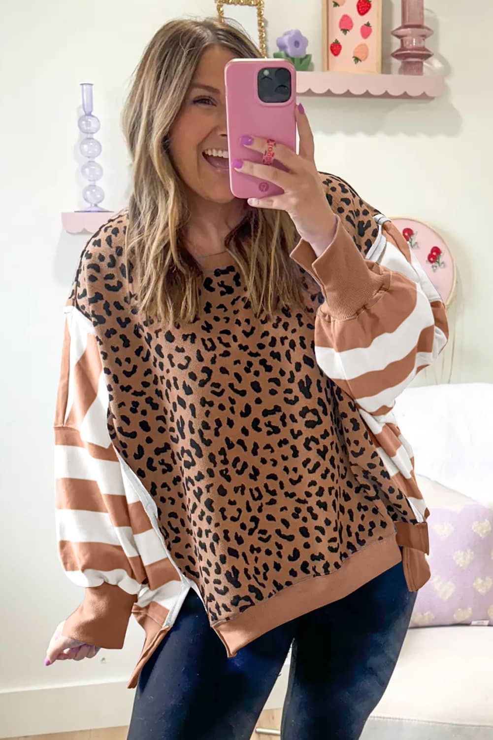Khaki Stripe Color Block Patchwork Leopard Casual Sweatshirt With Slits