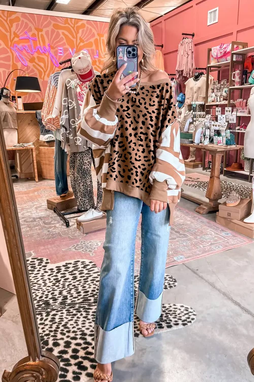 Khaki Stripe Color Block Patchwork Leopard Casual Sweatshirt With Slits