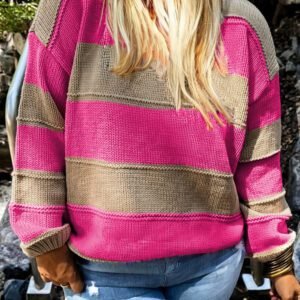 Khaki Stripe Color Block Plus Size Drop Shoulder Sweater