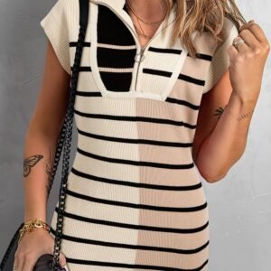 Khaki Stripe Color Block Quarter Zip Collar Short Sleeve Sweater Dress