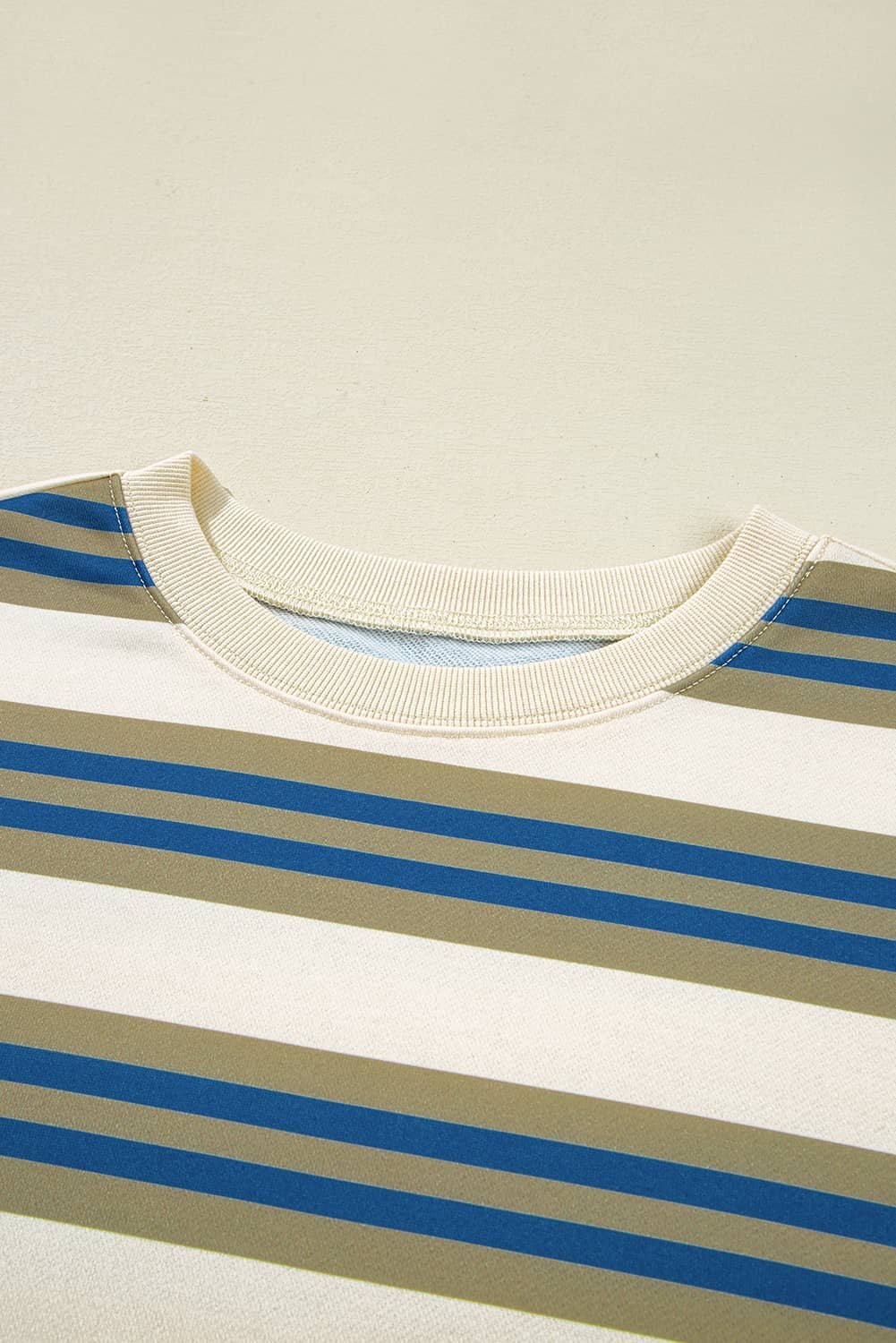 Khaki Stripe Crew Neck Drop Shoulder Pullover Sweatshirt