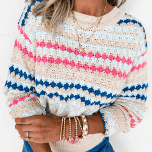 Khaki Stripe Eyelet Patterned Drop Shoulder Sweater