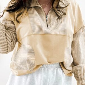 Khaki Stripe Mix Half Zip French Terry Plus Size Sweatshirt