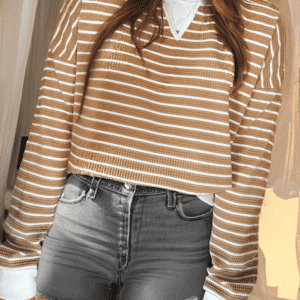 Khaki Stripe Patched Edge Textured Round Neck Long Sleeve Top
