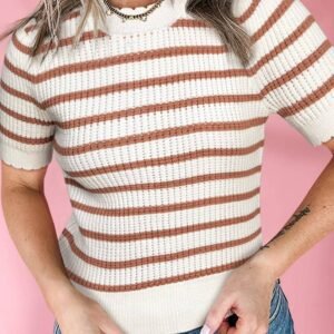 Khaki Stripe Scalloped Round Neck Short Sleeve Sweater