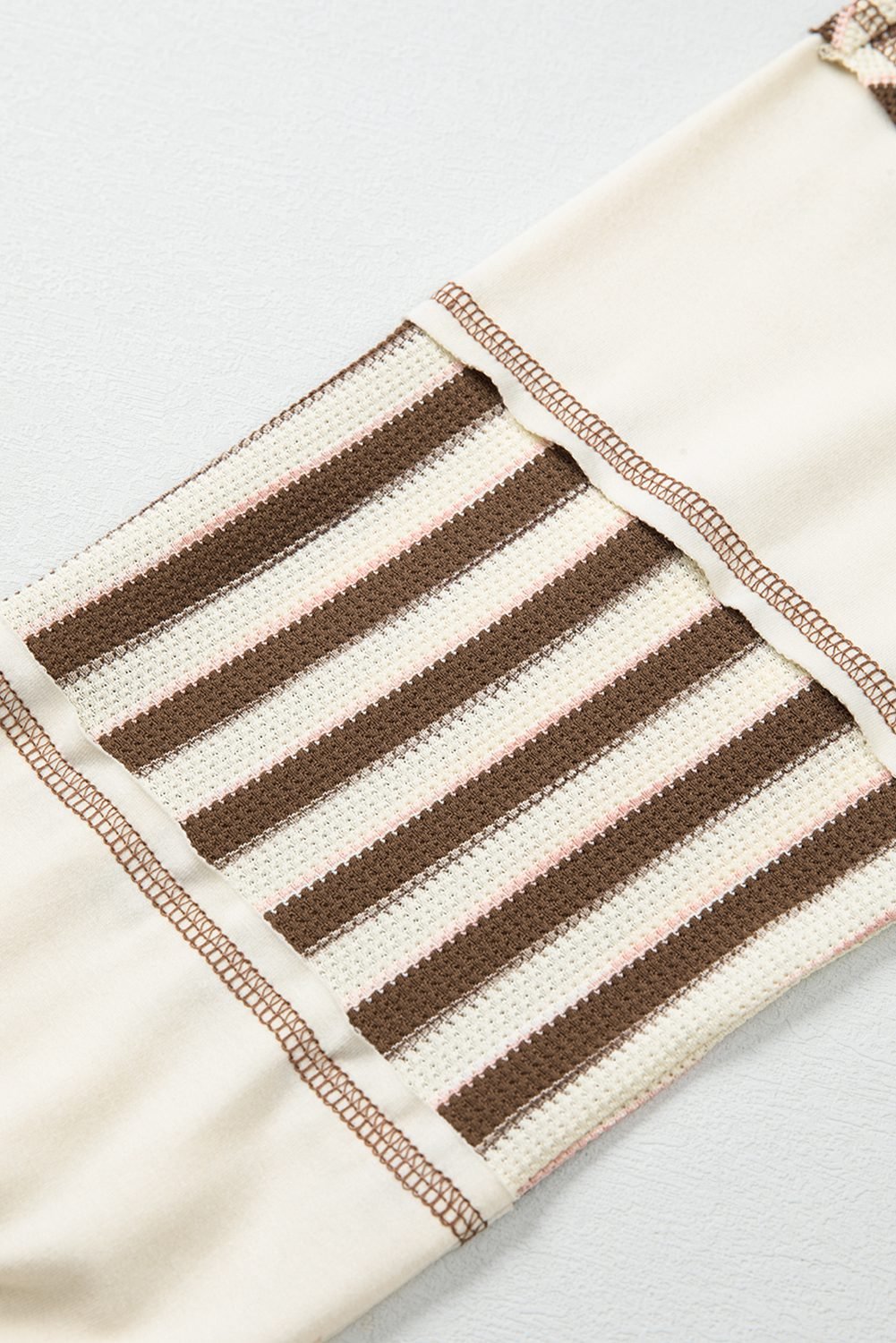 Khaki Stripe Stitched Detail Color Block Patchwork Oversized Pullover Top