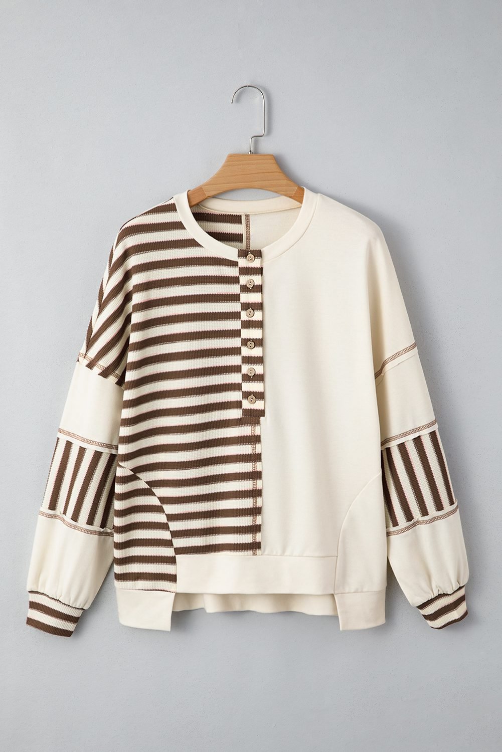 Khaki Stripe Stitched Detail Color Block Patchwork Oversized Pullover Top