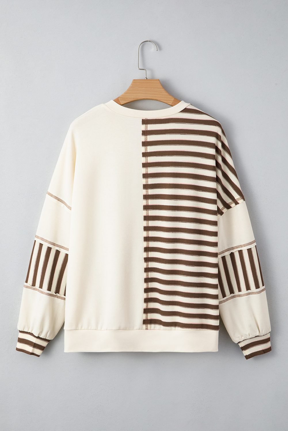 Khaki Stripe Stitched Detail Color Block Patchwork Oversized Pullover Top