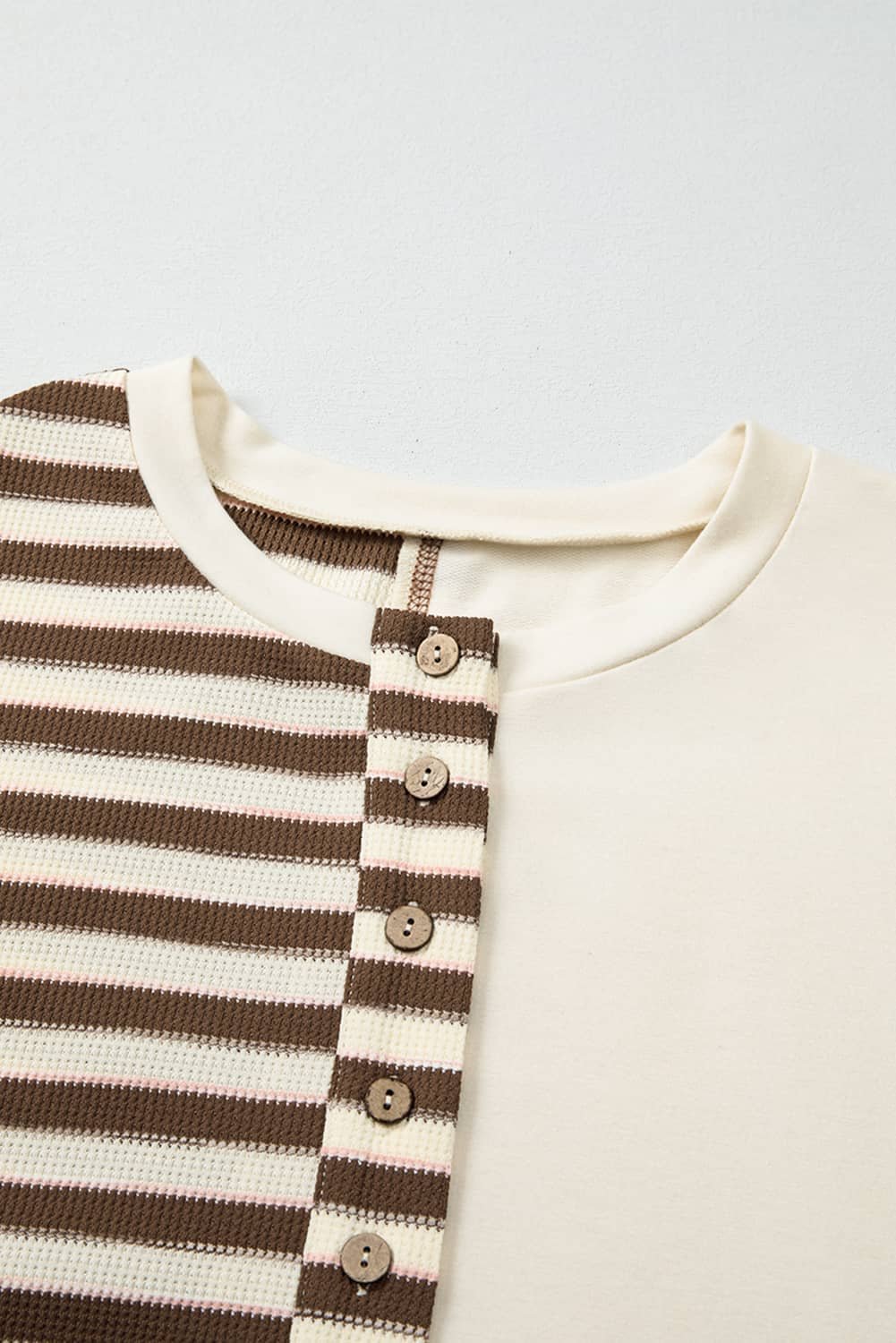 Khaki Stripe Stitched Detail Color Block Patchwork Oversized Pullover Top