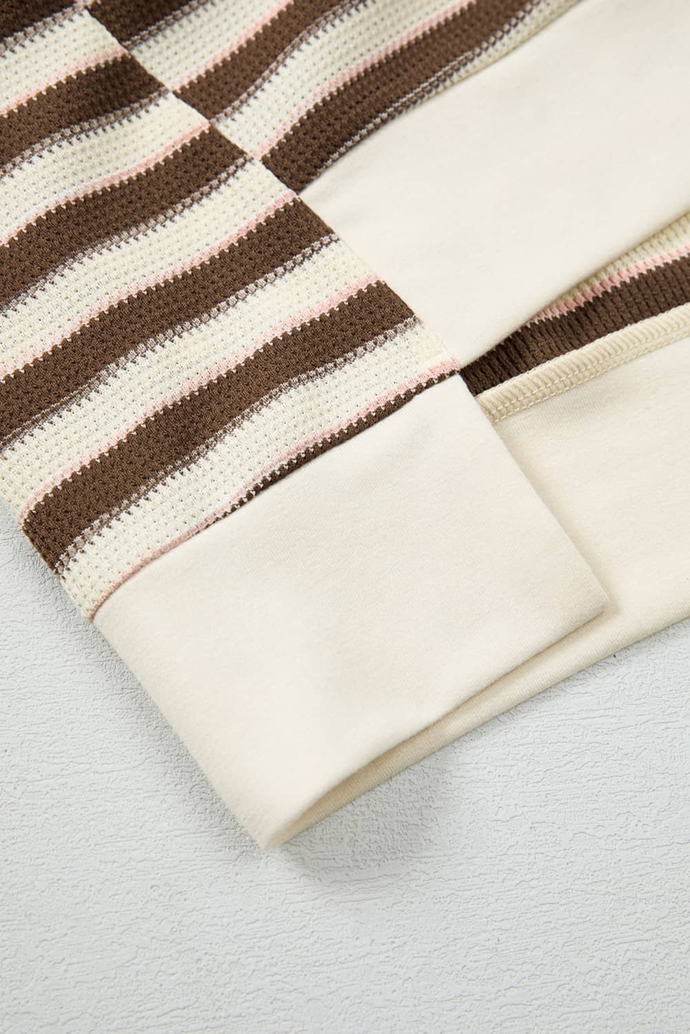 Khaki Stripe Stitched Detail Color Block Patchwork Oversized Pullover Top