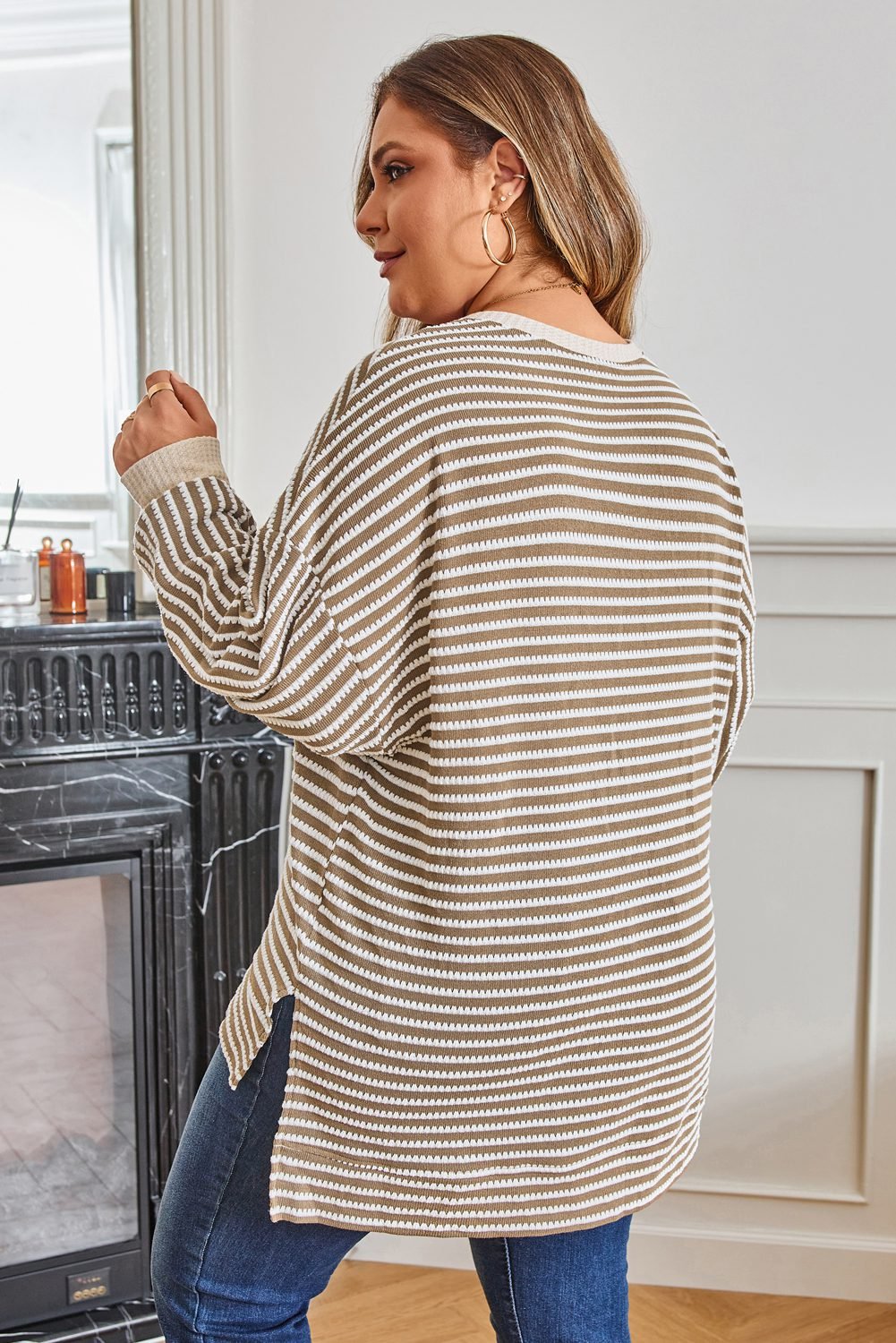 Khaki Stripe Textured Dolman Sleeve High Low Plus Size Top